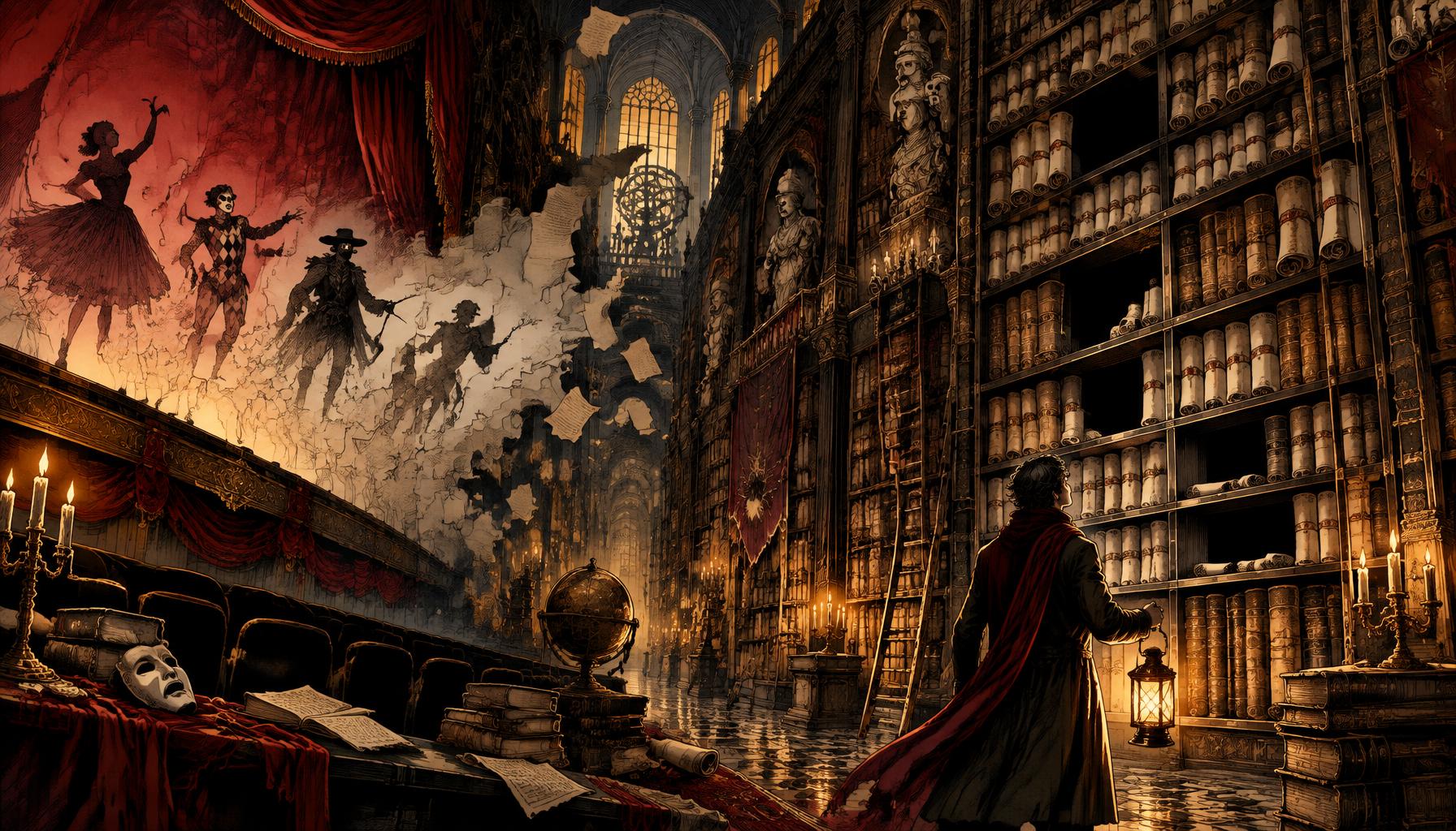 Illustrated archive of towering shelves beside a stage where performers fade into blank pages