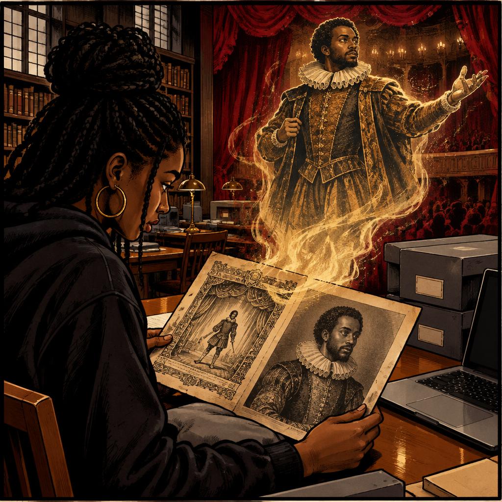Illustration: The Actor Who Wasn't in the Textbook, A university library, today
